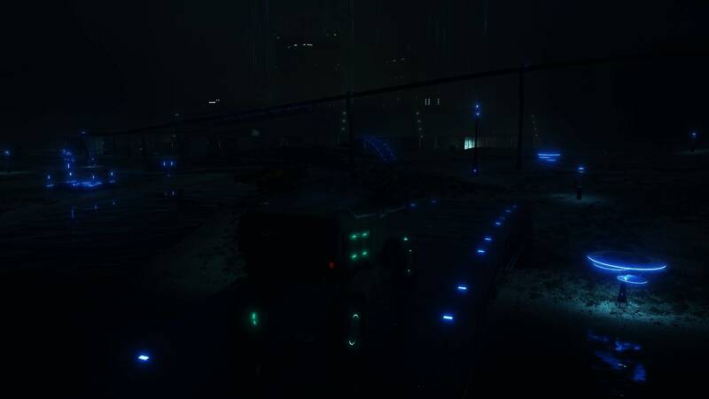 战斗场景截图，角色身着强化外骨骼装置，正在穿越废墟地带