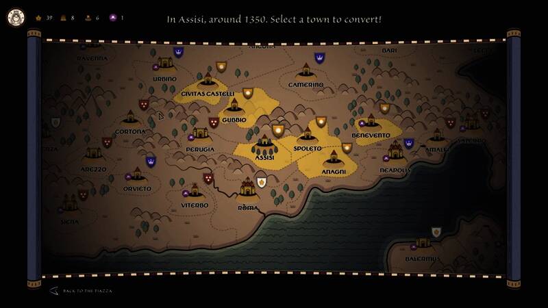 游戏中角色带领信徒行进于城市街道，背景为中世纪风格建筑