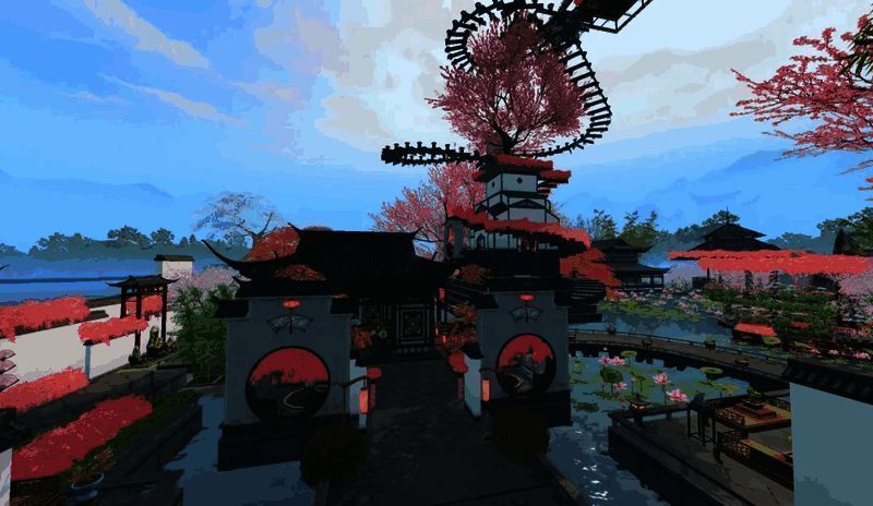 园林中亭台水榭错落有致，绿树成荫