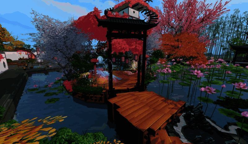 绿植围绕的棋桌旁摆放着屏风与软榻