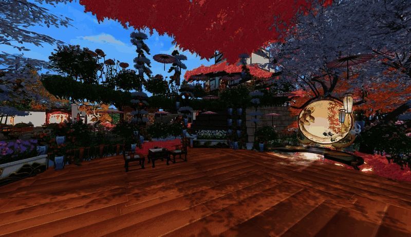 湖边盛开粉荷，拱桥倒映水中