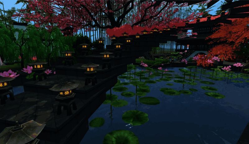 天梯两侧花团锦簇，石灯整齐排列