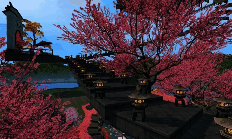 天梯蜿蜒向上，花树掩映其间