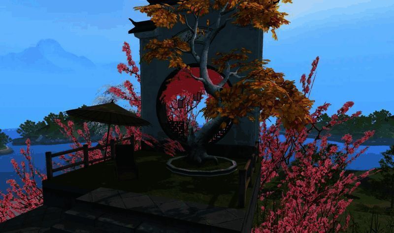 古银杏旁设有躺椅与遮阳伞，环境清幽