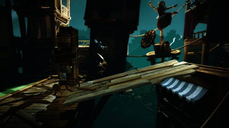 《木偶往事》游戏截图，展示双主角操作界面，Nieve与Drev分别位于屏幕两侧，背景为舞台布景