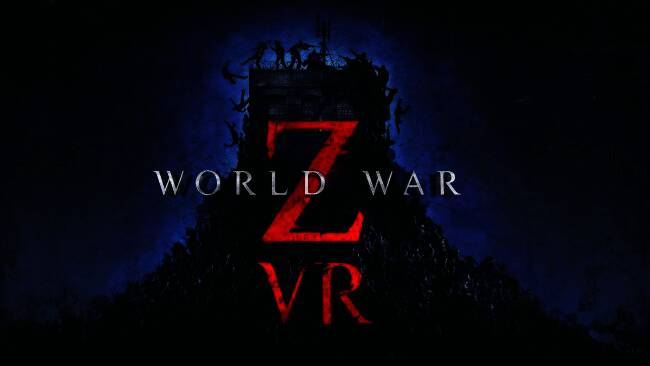 《僵尸世界大战VR》宣传图，主角手持武器面对汹涌而来的尸潮