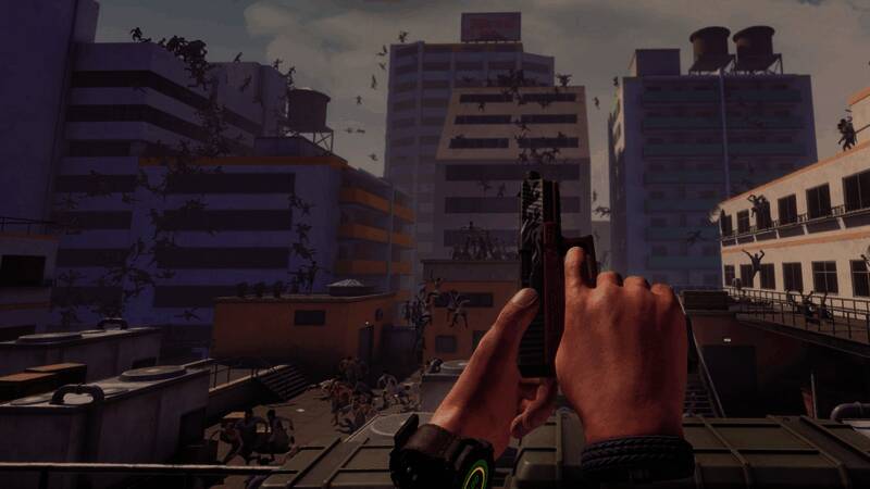 《僵尸世界大战VR》战斗截图，角色在废墟中与成群丧尸激烈交火