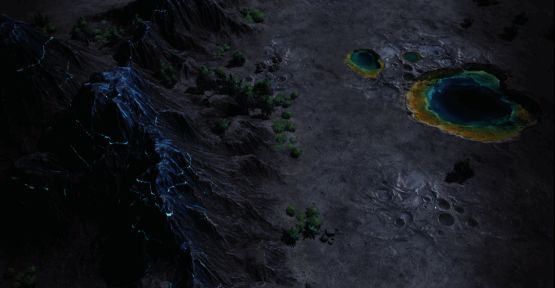 玩家操控角色在异星表面探索，背景是奇特的地貌和远处的矿藏