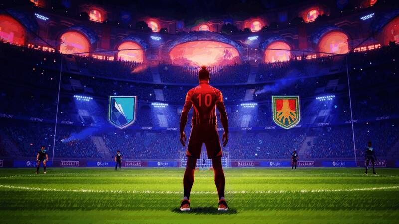 游戏宣传图，三位球星同框亮相，背景为球场与观众