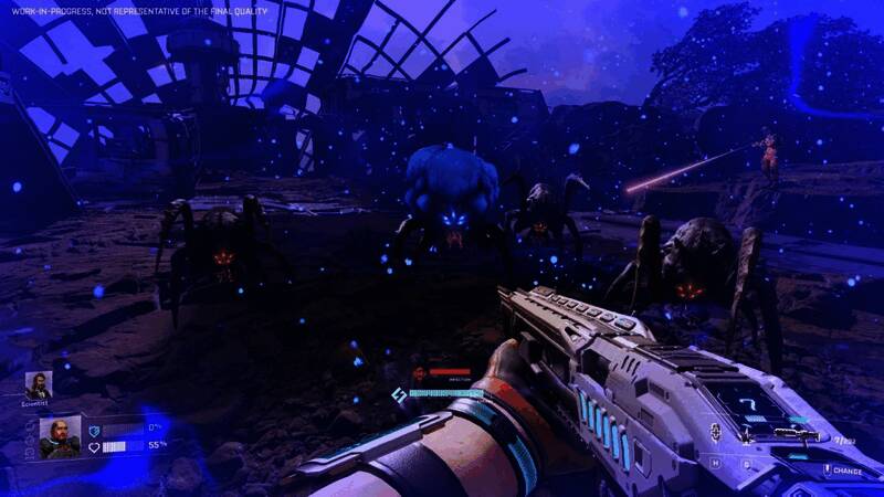 游戏中外星生物发动攻击的画面，角色正在进行火力反击