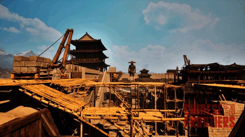 角色互动场景，师父与孙女向玩家讲解建筑工艺