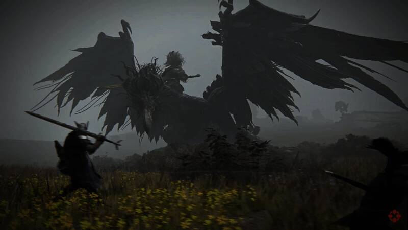 游戏开发者访谈现场，总监石崎淳也正在接受采访，背景为《艾尔登法环：黑夜君临》的宣传画面