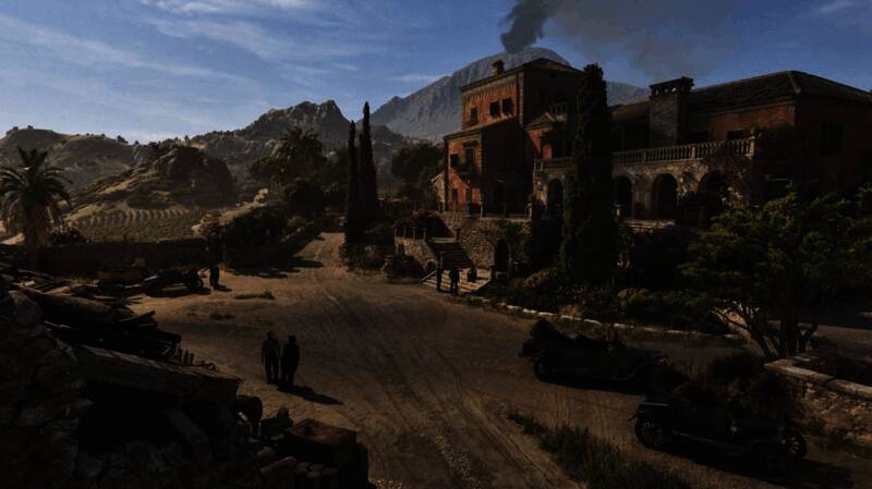 游戏截图展示西西里乡村风景，阳光洒在古老的石板路上，远处是郁郁葱葱的山丘和蓝天白云