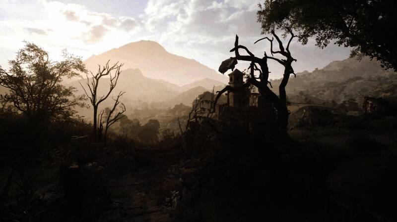 角色站在码头边眺望远方，身后是停泊的渔船和夕阳余晖下的海面