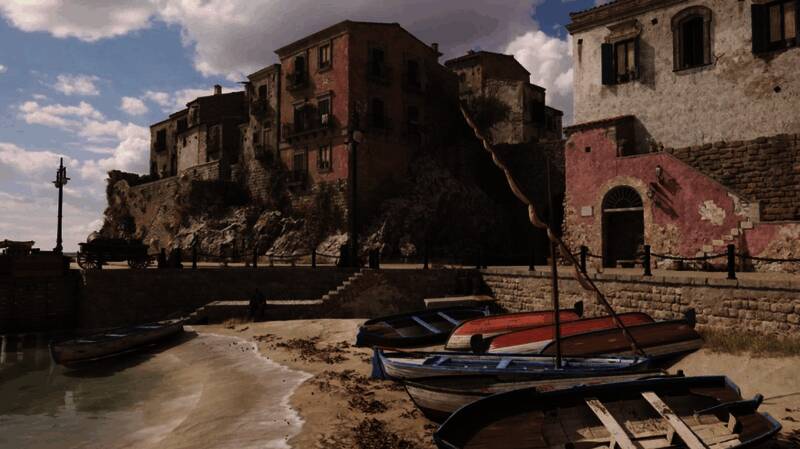 两位主角身穿复古西装，在街头对峙，背景为黄昏中的西西里建筑群