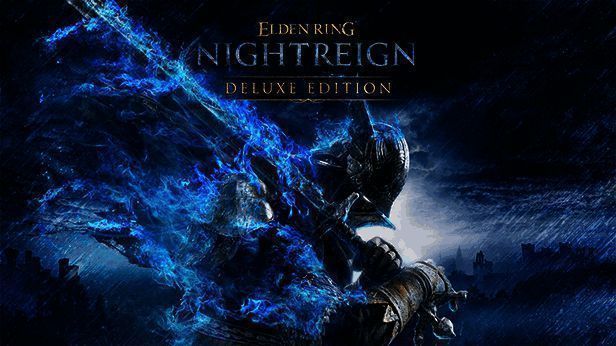 《艾尔登法环：黑夜君临》宣传画面，三位角色在昏暗森林中并肩作战，背景中隐约可见神秘敌人