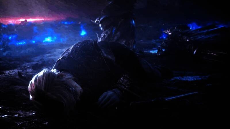 《艾尔登法环：黑夜君临》三人组队战斗画面，三名角色各持不同武器协同作战