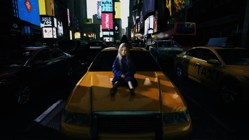 游戏概念图展示未来都市与神秘少女的奇幻场景