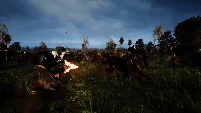 游戏内战斗场景截图，骑士与现代化士兵并肩作战