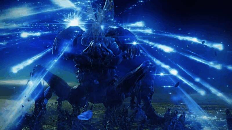 游戏世界中一片废墟景象，远处有神秘生物出没