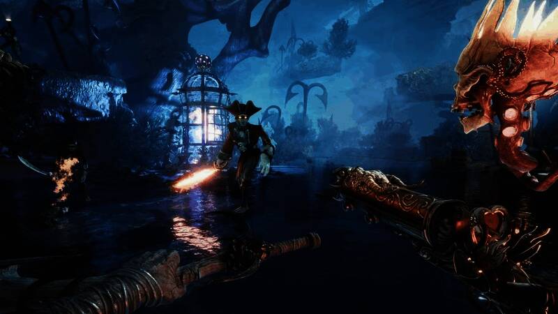 游戏主视觉图，戴维琼斯无头身躯与漂浮骷髅头并肩而立，背景为阴森海域