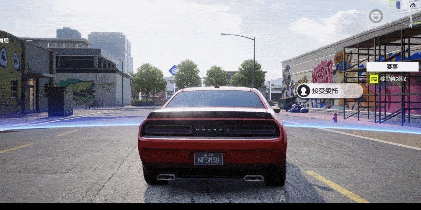 玩家操作角色驾驶车辆在城市街道间穿梭，背景灯光闪烁，展现极速驾驶场景