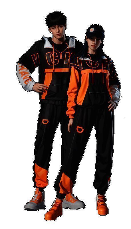 角色身着黑橙配色卫衣风格服装，整体造型炫酷时尚，充满街头赛车气息