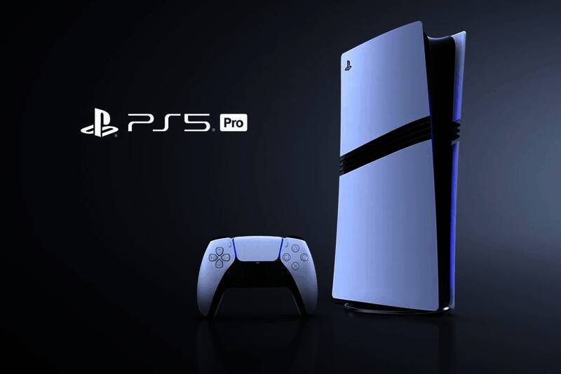 PS5 Pro主机外观展示图，背景为高清显示设备