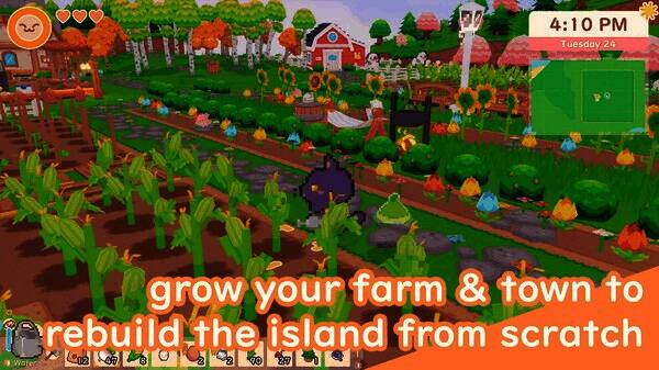 牧场内部装饰系统展示，猫咪们正在布置温馨小屋，家具种类繁多