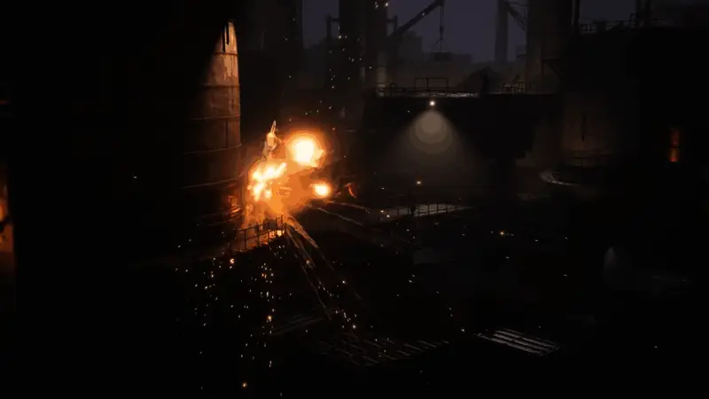 夜幕下的战斗场面，探照灯扫过废墟，玩家潜伏其中准备突袭