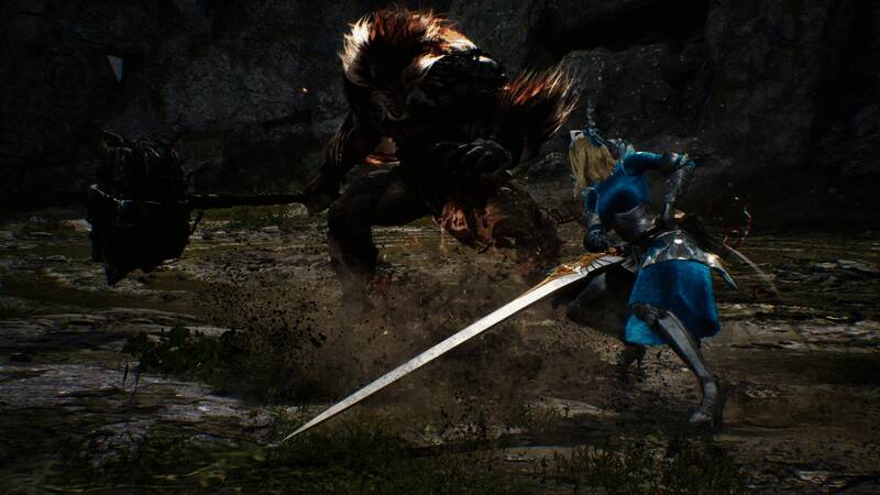 四位可操作角色展示，分别展示双剑刺客、剑盾战士、巨剑贵族与半巨人战士的战斗姿态