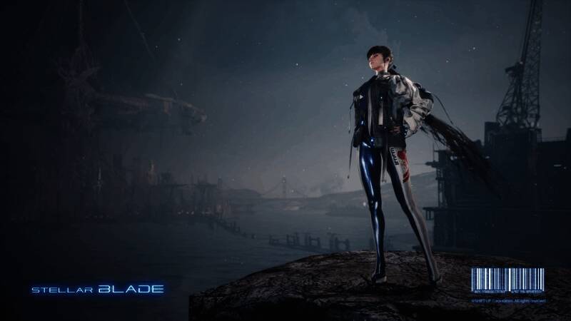 伊芙身穿深蓝色星球空降服，双手交叉胸前，闭眼站在岩石上，背景是浩瀚星空