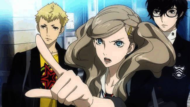 《女神异闻录5》战斗场景，角色华丽技能释放瞬间，画面充满张力