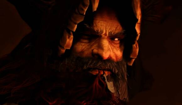 诺斯卡阵营领袖站在山巅俯视战场，周围环绕着野蛮战士和怪物