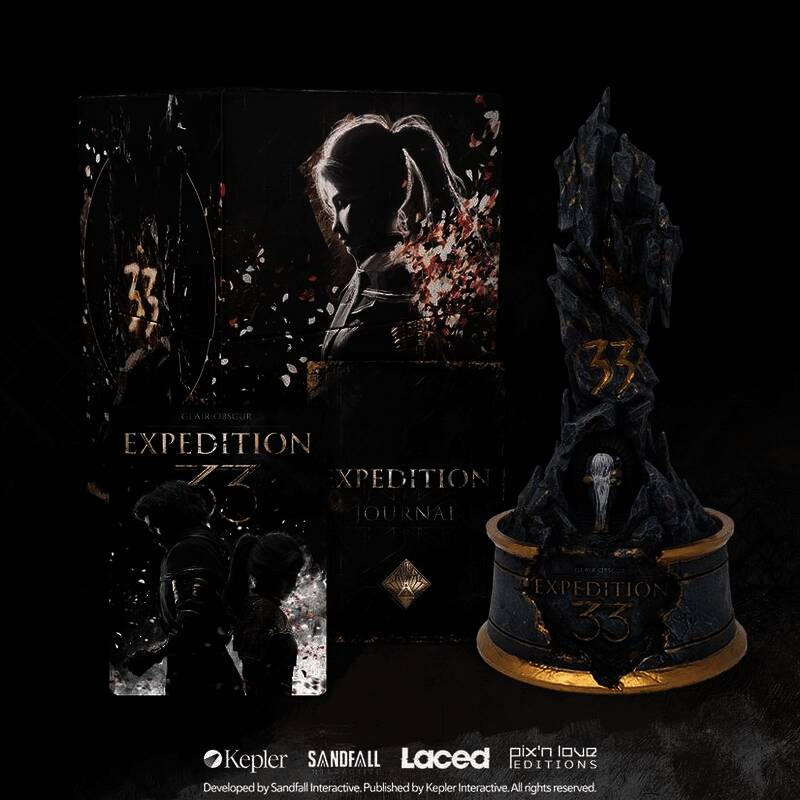 《光与影：33号远征队》方尖碑套装内含铁盒包装、音乐盒及艺术设定集展示图