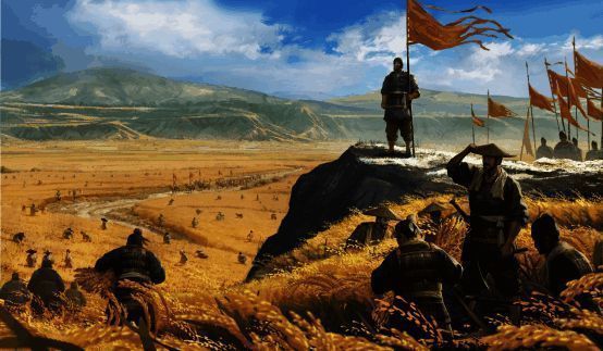 桃源军场景画面，玩家角色在田野间耕作，远处是炊烟袅袅的村庄