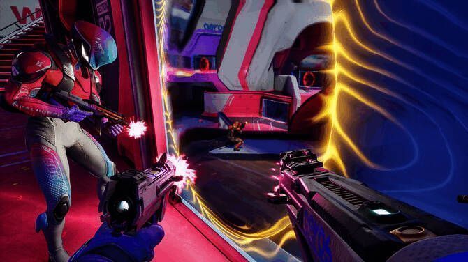 游戏中激烈的枪战场景，角色使用传送门技能瞬移作战