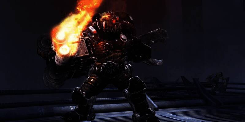 《战锤40K：星际战士复刻版》宣传画面，展示主角身着动力装甲，背景为战火纷飞的星际战场