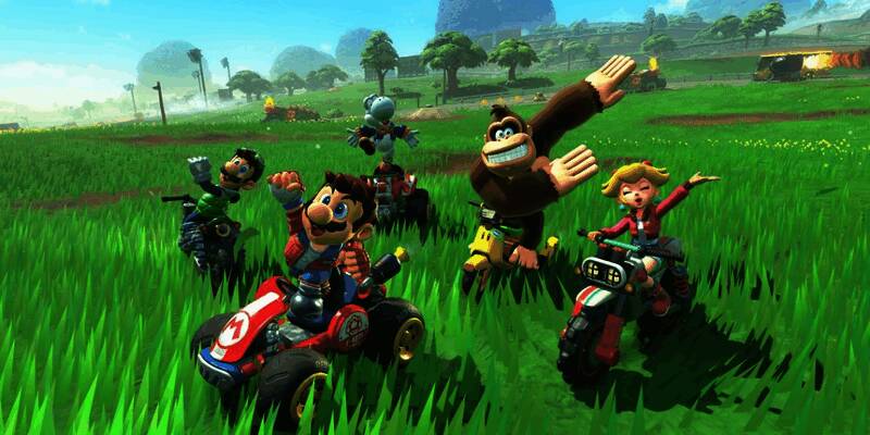 《马里奥赛车：世界》游戏实机画面，多辆卡丁车在广阔地图上疾驰，场景细节丰富