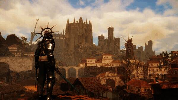 NPC互动对话界面，角色表情自然，场景建筑古朴神秘，充满中世纪风情