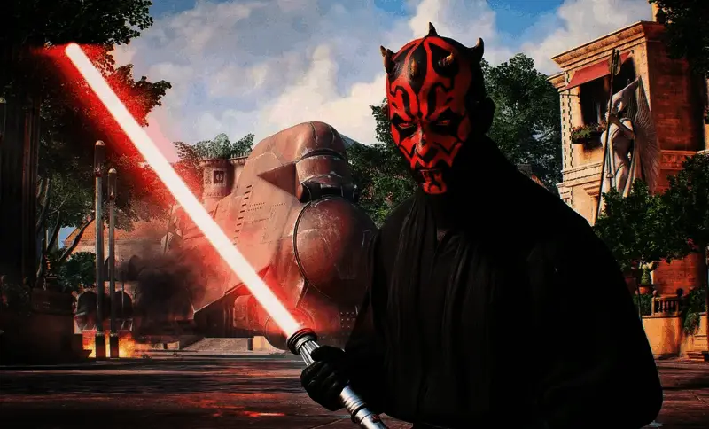 《星球大战：前线2》英雄角色达斯·维达登场瞬间，背景为光剑对决特效