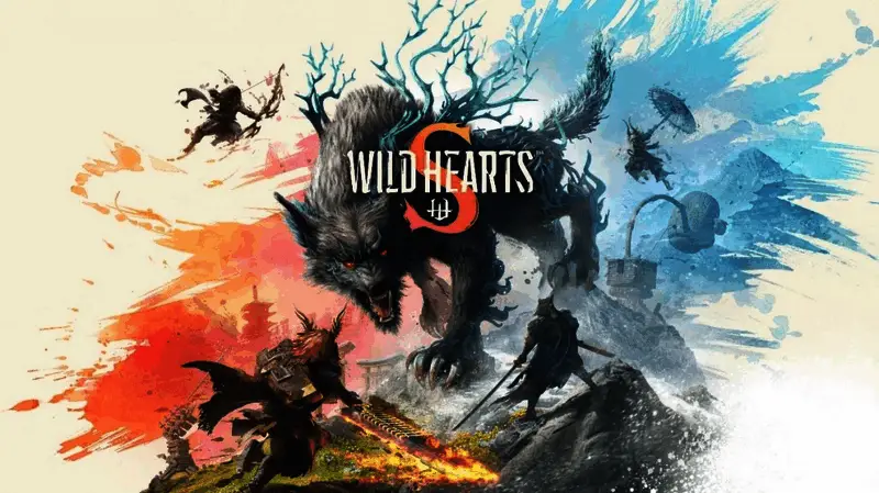 《WILD HEARTS S》游戏封面艺术图，展现主角与巨型化兽对峙的紧张场景