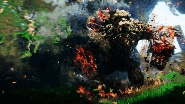 一名玩家跃起挥砍，面前是一只覆盖冰雪的巨大野兽，背景为雪山环境