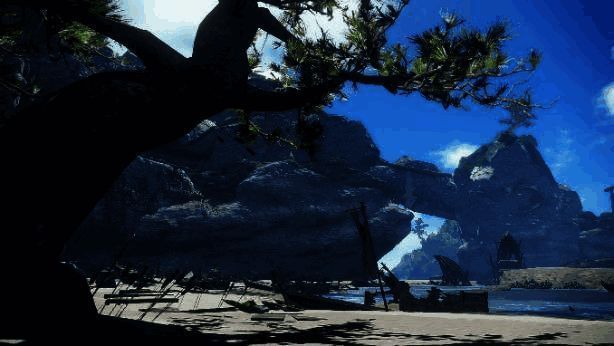 玩家角色穿戴完整套装，手持双剑，在夕阳下准备出发狩猎