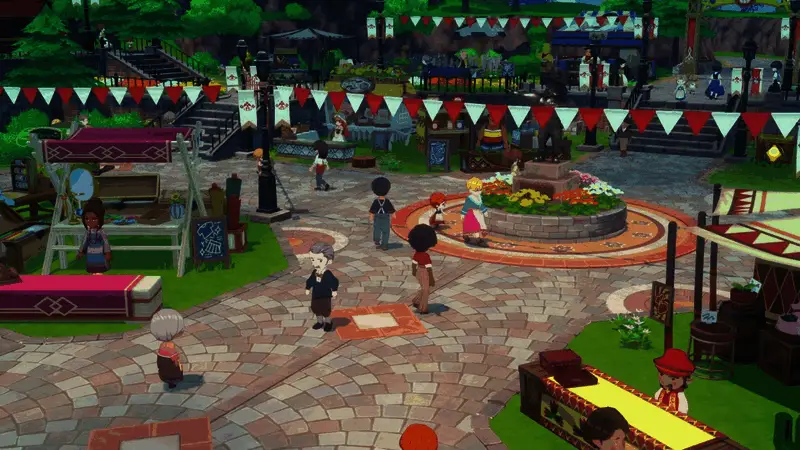 集市摊位前人头攒动，主角热情招呼顾客挑选商品