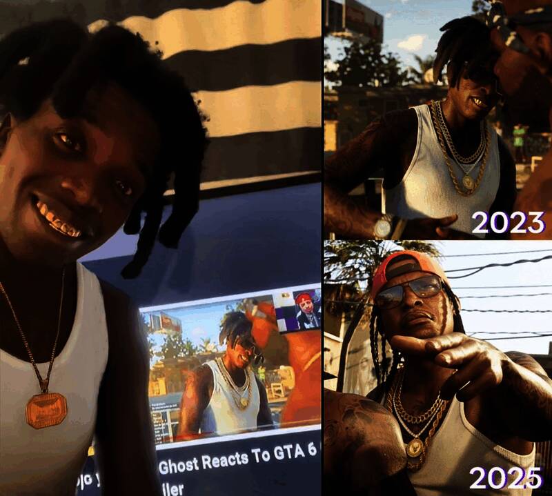 《GTA6》首部预告中的黑人角色与朋友击掌的画面，背景为佛罗里达风格街道