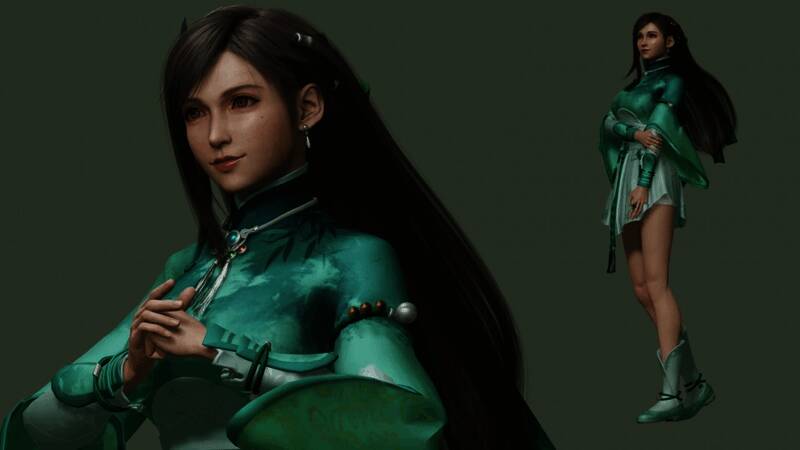 Mod展示图：蒂法身着月清疏同款服装，长裙飘逸，发饰精致，整体色调清新淡雅