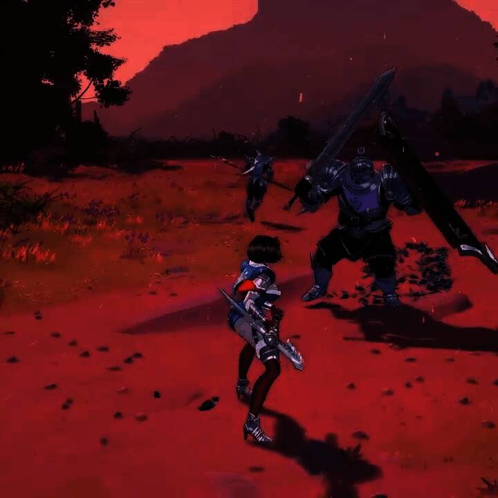 女主角腾空斩击瞬间，身后是高耸入云的石柱与崩塌的岩石