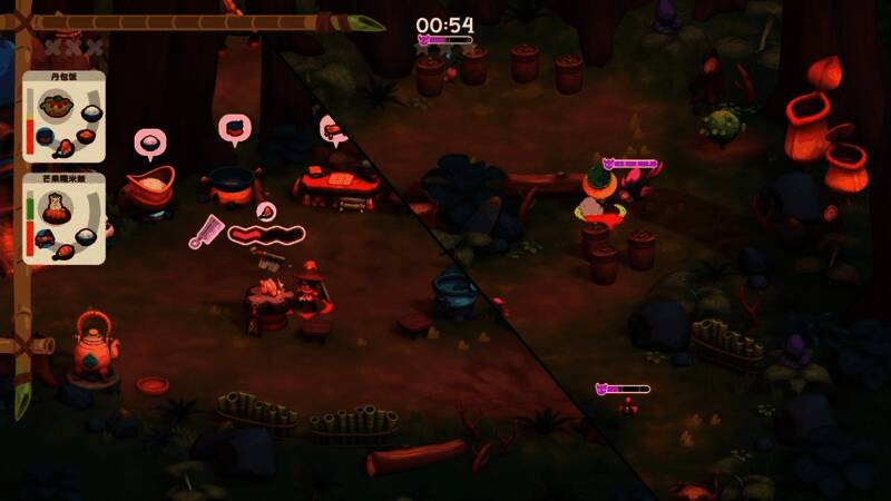 游戏内画面展示角色手持锅铲与武器，在丛林中与怪物战斗并采集食材的动态场景