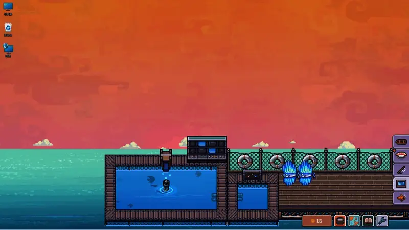 玩家点击海面漂浮物的画面，弹出一个装满道具的宝箱特效